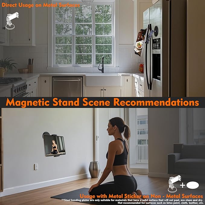 Universal Magnetic Tablet Holder 360°Adjustable 7.7" Aluminum Heavy Duty Arm 3.5" Magnetic Base for Fridge Whiteboard Gym Warehouse Kitchen Fits 4-13" Tablets, Phones