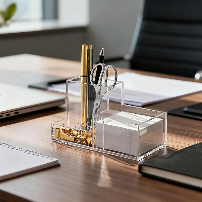 HBlife Acrylic Pen Holder for Desk, 3-Compartment Small Desk Organizer, Clear Office Supplies Desk Accessories with Sticky Notes Holder Stores Post It Notes 3X3 for Office, Home and School