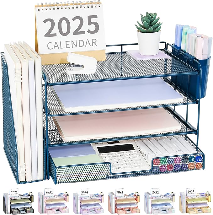 OPNICE Desk Organizer, 4-Tier Desktop File Organizer with Drawer and 2 Pen Holders, Office Desk Accessories, File Sorters, Workspace Organizers for Office Supplies(Dark Blue)