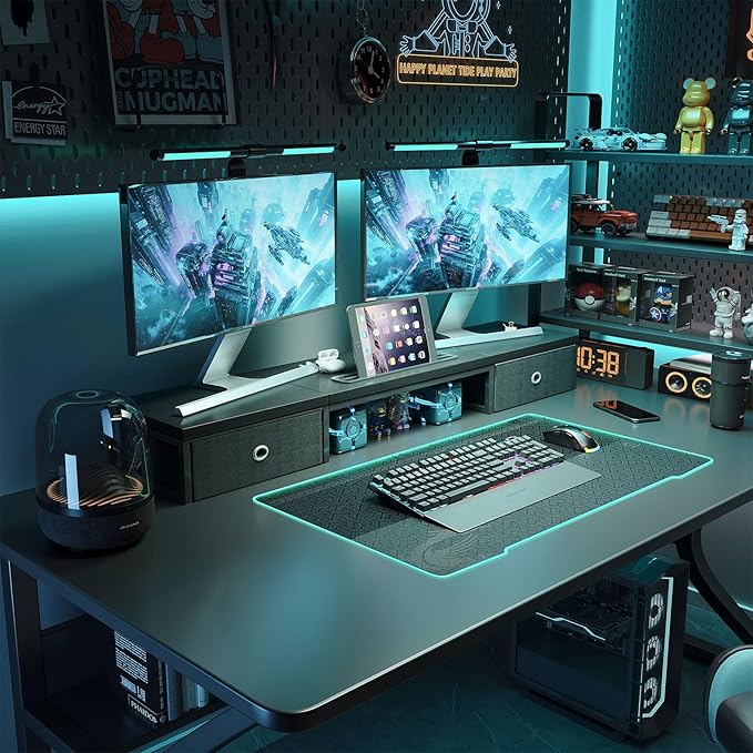 Mexin Dual Monitor Stand Riser with 2 Drawers - 39Inch Large Storage Computer Monitor Stands for 2 Monitors, Wooden Desktop Organizer Perfect for Home Office Desk, Computer, Laptop, TV, Black