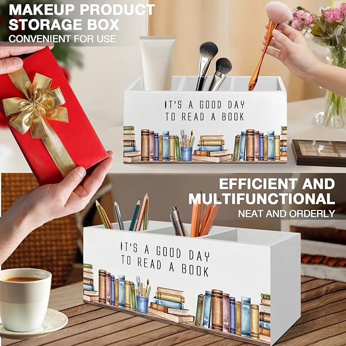 Book Lover Gifts Pen Pencil Holder Organizer for Desk Accessories, Reading Nook Corner Decor, It's a Good Day to Read a Book Wooden Box Signs Decorations for Home Classroom Desk Tabletop