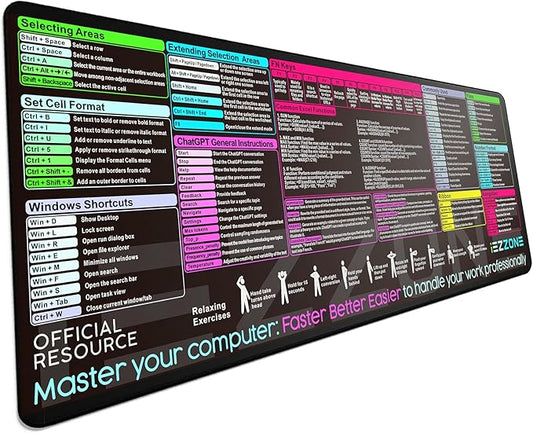 Excel Shortcut Keys Mouse Pad|Excel Cheat Sheet Desk Pad - Large XL Cheat Sheet Gaming Mouse pad | PC Office Spreadsheet Keyboard Mat | Non-Slip Stitched Edge (Black)