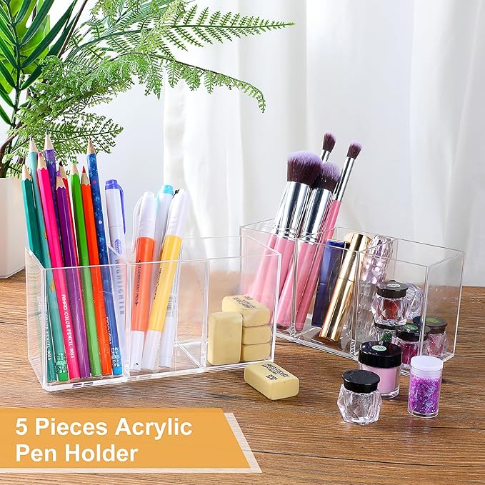 5 Pack Acrylic Pen Pencil Holder - 3 Compartment Clear Pencil Pen Organizer for Office Home Supplies Desk Accessories