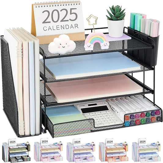 OPNICE Desk Organizer, 4-Tier Desktop File Organizer with Drawer and 2 Pen Holders, Office Desk Accessories, File Sorters, Workspace Organizers for Office Supplies(Black)