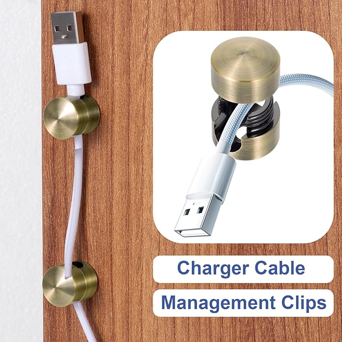 OIIKI 3 Sets Charger Cord Holders, Adhesive Cable Clip Cord Organizers, Metal Adjustable Wire Management Office Nightstand Desk Accessories for Charger Wire USB Keyboard Cable- Bronze