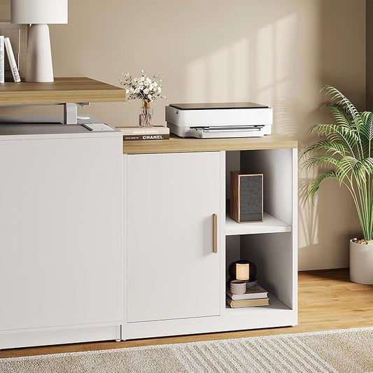 File Cabinet Under Desk Storage Cabinet with Door, Printer Stands with Open Adjustable Shelves, 23" Tall End Side Table for Office, Living Room, and Study, Light Walnut