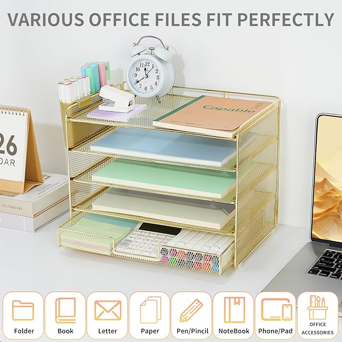 Desk Organizer and Accessories, 5-Tier Paper Letter Tray Organizer with Drawer & 2 Pen Holders for Desktop File Organization, Office Desk Accessories for Supplies Storage (Gold)
