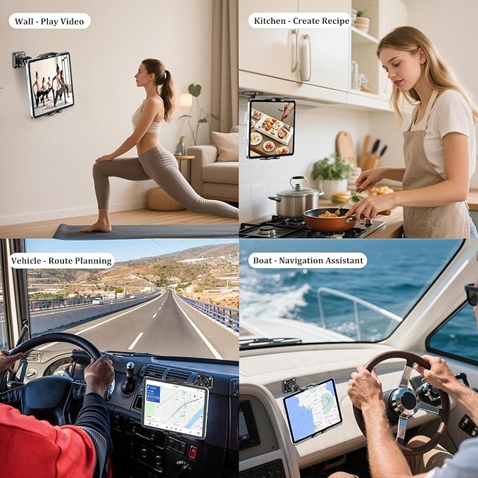 PLDHPRO Tablet Wall Mount Holder with Drill Base, Adjustable iPad Wall Mounted Stand Compatible with 5.1'' - 15.6'' Phones Tablets for Truck Dashboard Desk Kitchen Cabinet