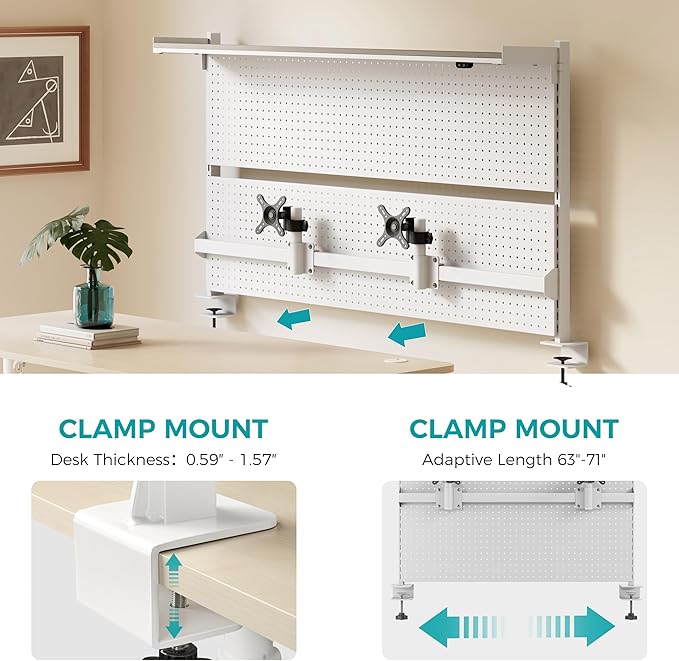 EUREKA ERGONOMIC Desk Pegboard with Dual Monitor Stands, LED Metal Pegboard for Gaming Desk, Privacy Panel with 4 Accessories Modular Hanging, Computer Accessories for Office, 59 x 34 Inch, White