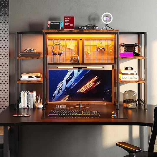 REIBII Desk Shelf with LED Light Strip,Adjustable 45.1" Desk Hutch Dorm with 5 Tier Display Shelf Rack,Desktop Bookshelf with Grid Panel & Hooks for Home, Office and Dorm, Rustic Brown