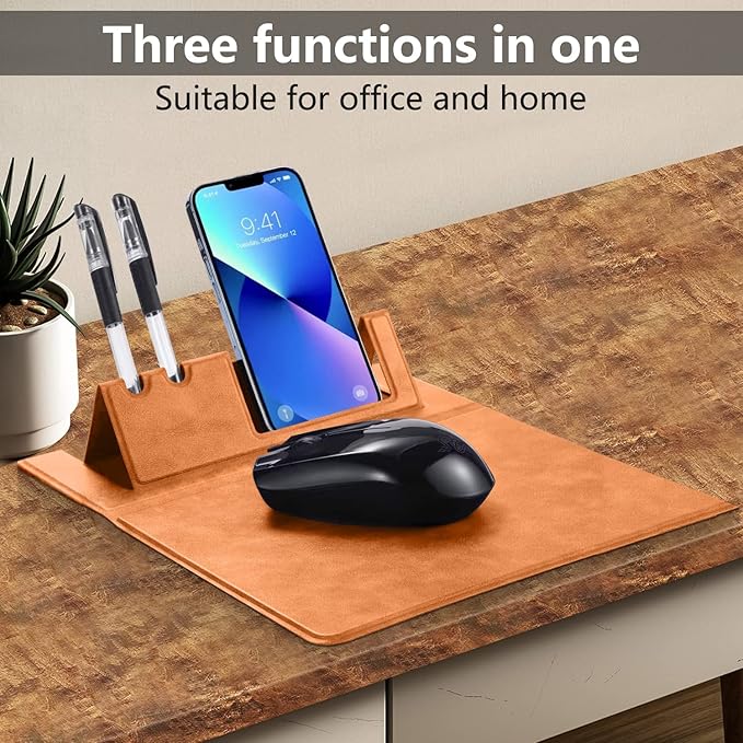 Premium PU Leather 3-in-1 Mouse Pad with Phone Stand and Pen Holders, 9.7x7.7 inches Organizer Desk Mat for Reception counters and Home Office (Brown 1Pack)