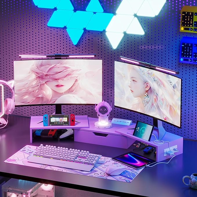 Elephance Dual Monitor Stand with USB Ports,Wood Computer Monitor Stand with Drawer,Adjustable Monitor Stand Riser,Desk Organizer for PC,Computer,Laptop,Purple Pink