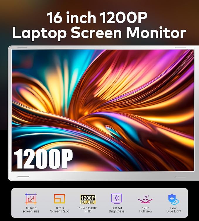 16" Laptop Screen Extender, Just 1 Cable for 3 Screens Quad Monitor, 1200P FHD Screen Extender for 12"-18.5" Laptops, Triple Portable Monitor for Wins/Mac M1|M2|M3|M4|M5