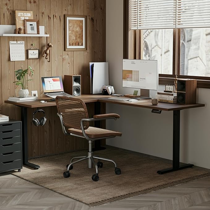 Agilestic L Shaped Standing Desk Adjustable Height, Electric Corner Standing Desk, 63 x 55 inch Sit Stand Computer Table with Splice Board, Dark Walnut