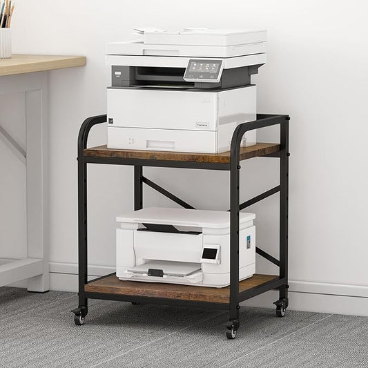 2 Tier Under Desk Printer Stand, Large Printer Table with Height Adjustable Shelf, Rolling Printer Cart with Industrial Wheels for Home Office, Scanner Fax (Rustic Brown)