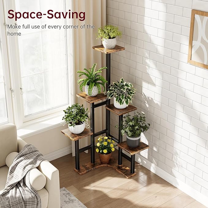 Corner Plant Stand Indoor with Grow Lights, 6 Tiered Corner Plant Shelf Flower Stand for Multiple Plants, Plant Shelves Organizer Rack for Living Room, Balcony, Patio, Square Rustic Brown