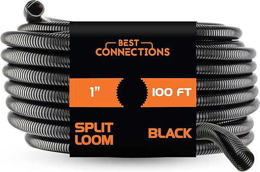 BEST CONNECTIONS Split Wire Loom Flex-Guard Convoluted Tubing Protective Split Cable Sleeves for Auto Home Industrial Electrical Wires Chemical Resistant Conduit Black (1" - 100 ft)