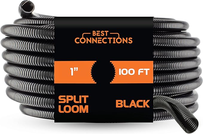 BEST CONNECTIONS 100 Ft – 1" Diameter Split Wire Loom Flex-Guard Convoluted Tubing with 100 Pcs x 7" Nylon Cable Zip Ties – Protective Split Cable Sleeves for Automotive Home Electrical Wires – Black
