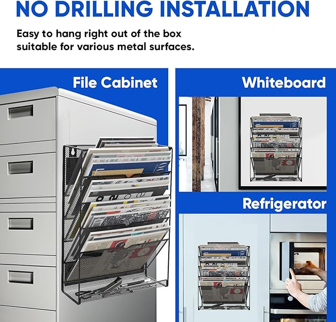 6-Tier Magnetic File Holder, No Drilling Installation File Cabinet Organizer,Black Magnetic File Holders, Magnetic Paper Holder for Refrigerator,File Cabinets, Whiteboard