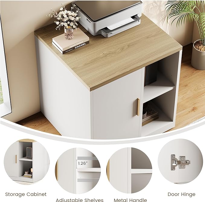 File Cabinet Under Desk Storage Cabinet with Door, Printer Stands with Open Adjustable Shelves, 23" Tall End Side Table for Office, Living Room, and Study, Light Walnut