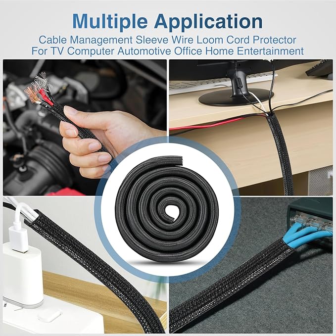 Nilight Cable Sleeve, 10ft-1inch Cord Management Sleeves, Braided Sleeving, Split Self Wrapping Wire Loom for Computer Electrical Automotive Harness Protector Organizer, Black