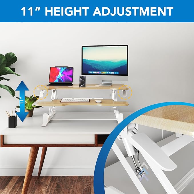 Mount-It! Height Adjustable Standing Desk Converter, 38” Wide, Desk Riser for 2 Monitors, Manual Gas Spring Sit Stand Desktop Raises to 16.9", Fits Two Monitor Screens with Keyboard Mouse Tray Maple