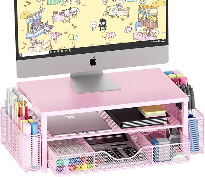 OPNICE Desk Organizers and Accessories, 2-Tier Computer Monitor Stand Riser with Drawer and 2 Pen Holders, Laptop Stand, Office Desk Accessories & Office Decor for Women, Pink