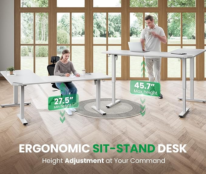 SIAGO L-Shaped Standing Desk - 63 x 55 Inch Adjustable Corner Standing Desk with Charging Station - L Shape Sit Stand Table with Memory Controller, Splice Board for Home Office