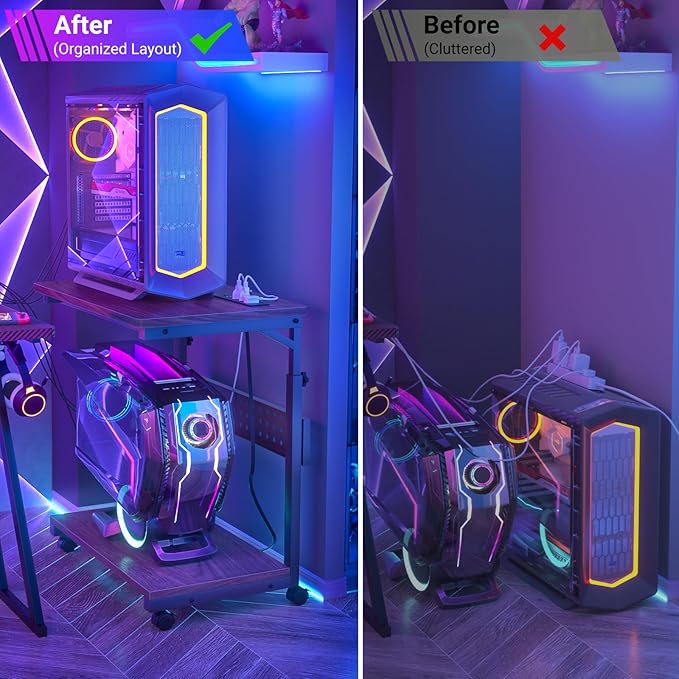 Computer Tower Stand with Power Strips, 4 Levels Manual Height Adjustable PC Tower Stand for Under Desk, Mobile Rolling CPU Holder, Computer Cart with Wheels, 24", Black Walnut