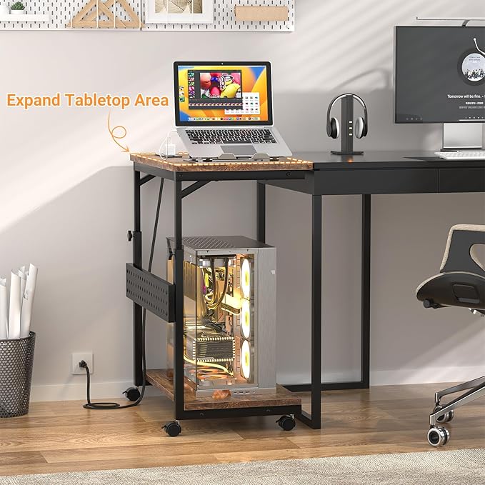 Computer Tower Stand with Power Strips, 4 Levels Manual Height Adjustable PC Tower Stand for Under Desk, Mobile Rolling CPU Holder, Computer Cart with Wheels, 24", Rustic Brown