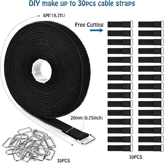 0.75"x19.7ft Hook and Loop Straps with 30 Buckles Adjustable Cut-to-Length Cable Ties - Reusable Nylon Fastening Tape Cable Straps for Storage or Organization (0.75in x 19.7ft)
