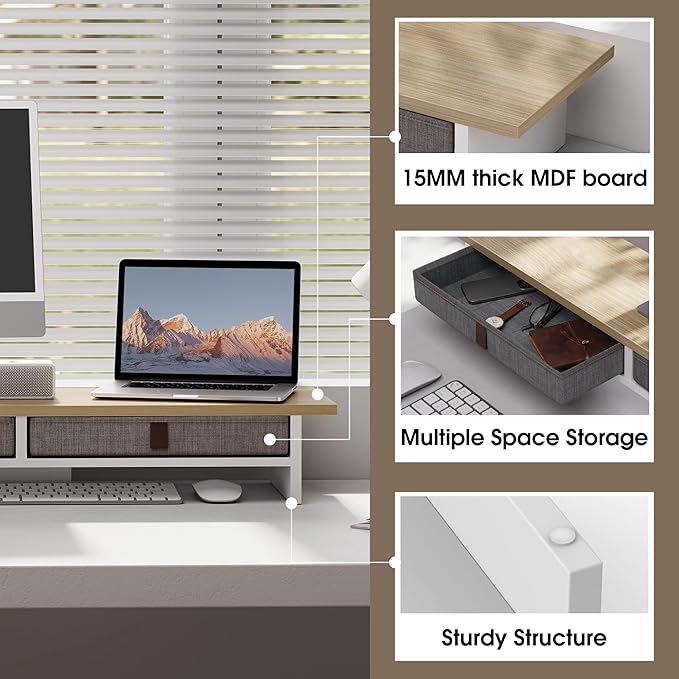 Fenge Monitor Stand with Drawer, 2 Tiers Dual Monitor Riser for Desk, 35 Inch Computer Stand for 2 Monitors, Desk Shelf for Home, Office, Laptop, PC, TV, Printer