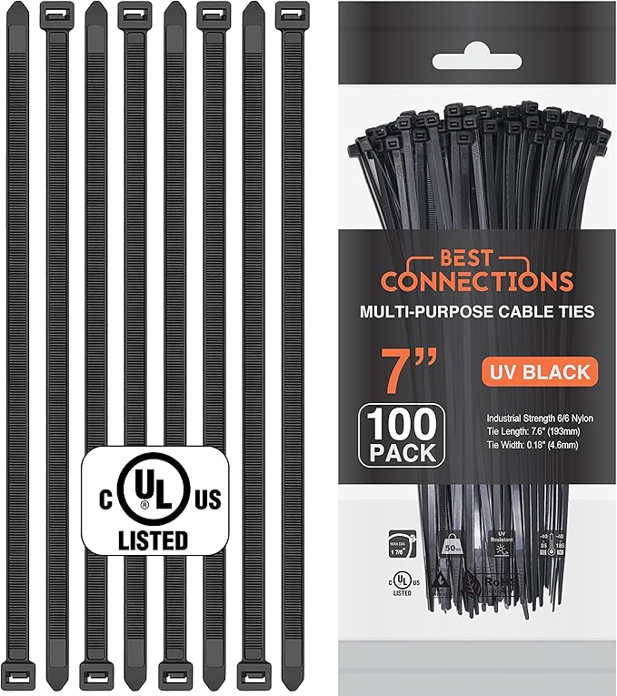 BEST CONNECTIONS 100 Ft – 1" Diameter Split Wire Loom Flex-Guard Convoluted Tubing with 100 Pcs x 7" Nylon Cable Zip Ties – Protective Split Cable Sleeves for Automotive Home Electrical Wires – Black