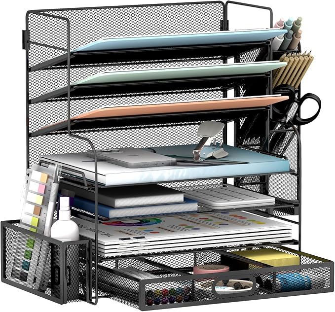 7 Tier Desk File Organizer Office storage Desk Accessories, Desktop Organizer for Office Supplies with Drawer and 2 Pen Holders (Black)