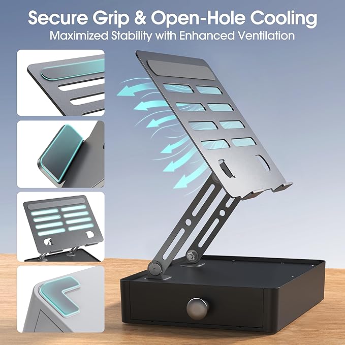 Laptop Stand with Storage Drawer, Heavy-Duty Metal Laptop Riser for Desk, Ergonomic Height & Angle Adjustment for 10–16.2″ Laptops, Gray