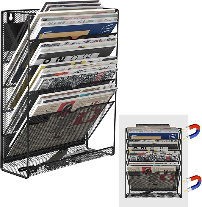 6-Tier Magnetic File Holder, No Drilling Installation File Cabinet Organizer,Black Magnetic File Holders, Magnetic Paper Holder for Refrigerator,File Cabinets, Whiteboard