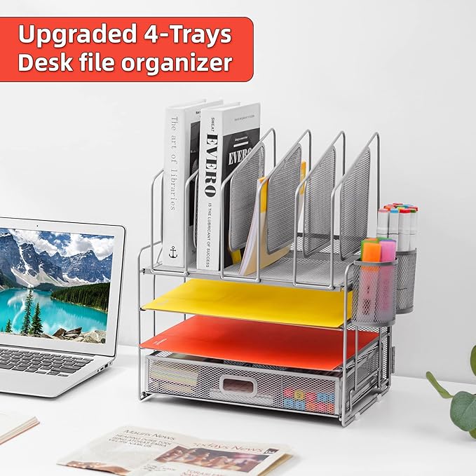 Marbrasse Desk Organizers, 4-Tier Mesh Desk File Organizer with 5 Vertical File Holders and 2 Pen Holders, Multifunction Desktop Organizer,Desk Organizers and Accessories for Home Office (Silver)