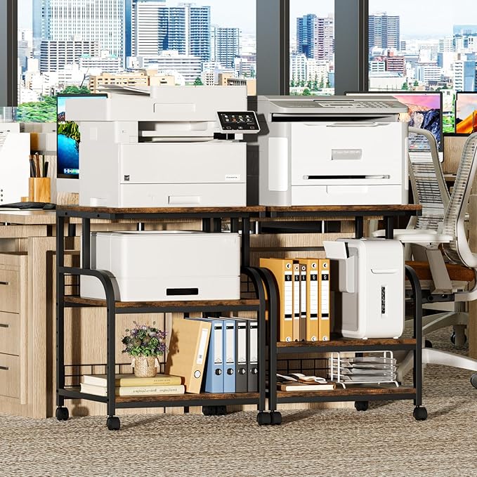 Lerliuo Large Printer Stand with Storage, 23.6"W x 18.9"D x 30.2"H, 5-Adjustable Shelf Heights Mobile 3 Tier Table with Lockable Wheels, Industrial Rolling Printer Cart, Brown Stands for Home Office