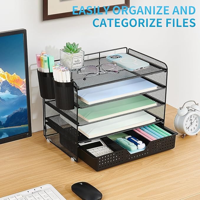 Desk Organizer and Accessories, 5-Tier Paper Letter Tray Organizer with Drawer & 2 Pen Holders for Desktop File Organization, Office Desk Accessories for Supplies Storage (Black)
