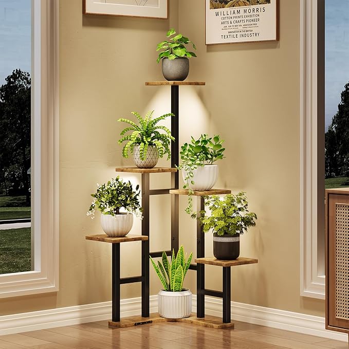 Corner Plant Stand Indoor with Grow Lights, 6 Tiered Corner Plant Shelf Flower Stand for Multiple Plants, Plant Shelves Organizer Rack for Living Room, Balcony, Patio, Square Rustic Brown
