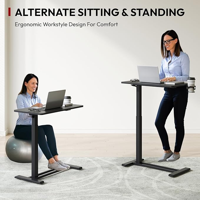 SANODESK Mobile Standing Desk with Hidden Wheels,Pneumatic Laptop Desk Rolling Computer Cart Movable Height Adjustable Small Sit Stand Desk for Home Office(27.6" W x 15.7" D, Black)