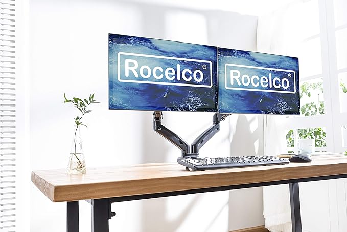Rocelco Premium Double Monitor Desk Mount with USB 2.0 and Audio Port - Fits Dual 13" - 27" LED LCD Flat Screens - Pneumatic Full Motion Assist Adjustable Arm - Grommet and C Clamp - Black (R MA2)