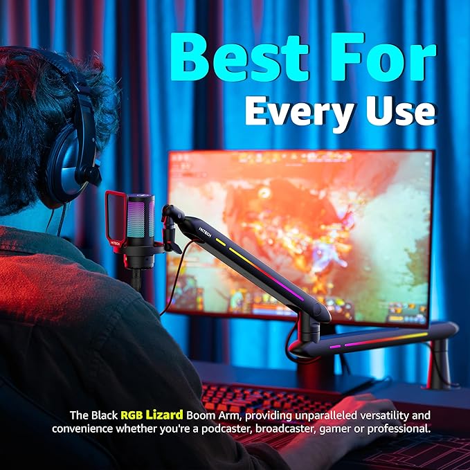 IXTECH RGB Low Profile Boom Arm for Mic, Adjustable Microphone Arm Stand with Desk Mount Clamp, Rotatable Microphone Boom Arm Mic Stand with Cable Management for Podcast Streaming Gaming Studio.