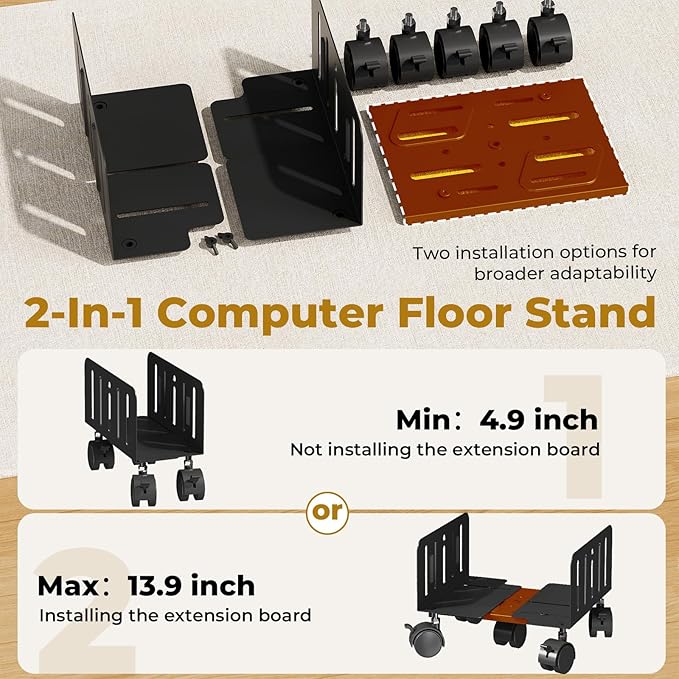 JOY worker Computer Tower Stand, 4.9 to 13.9 inch Wide Adjustable Mobile PC Cart with 5 Wheels, Steel Tower Floor Stand Holds Up to 66 lbs, Rolling Gaming CPU Holder Under Desk, Black