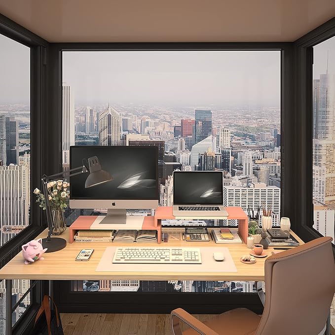 WESTREE Dual Monitor Stand - Monitor Stand Riser - 2 Shelf Computer Monitor Stand with Adjustable Length and Angle, Monitor Stands for 2 Monitors, Desktop Organizer Stand Office Furniture for PC, Computer, Laptop