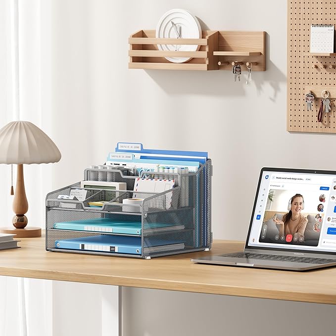 Lavatino Desk Paper File Organizer - Metal Mesh with 2 Letter Trays, 7 Flexible Dividers, 2 Vertical File Folder Holders for Office/Home/Classroom Supplies, Desk Organizers and Accessories, Silver