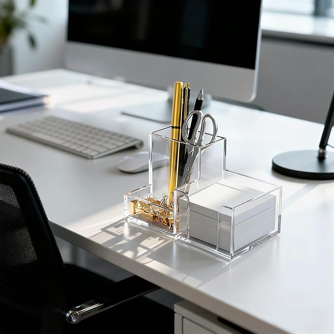 HBlife Acrylic Pen Holder for Desk, 3-Compartment Small Desk Organizer, Clear Office Supplies Desk Accessories with Sticky Notes Holder Stores Post It Notes 3X3 for Office, Home and School