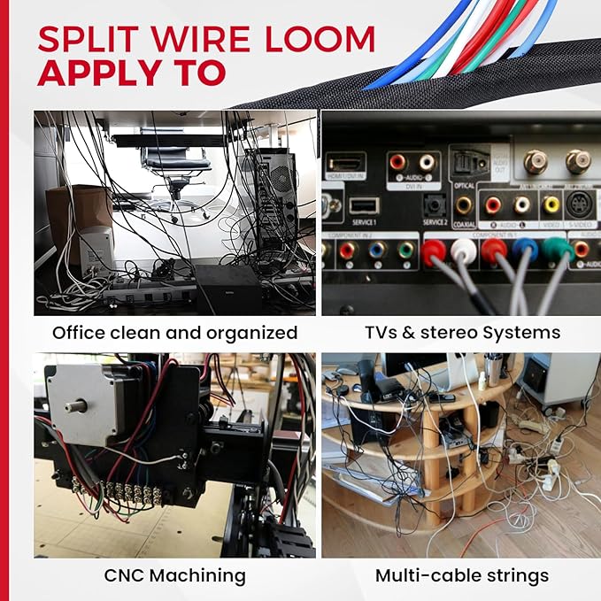 Split-Sleeves Black Wire Loom Tubing - Flexible, Wear-Resistant Cord Management Cover for Car/Office/Home Harness (1" - 36 Feet)