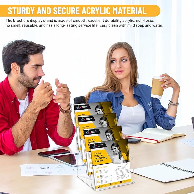 Acrylic Brochure Holder 8.5 x11”, 4 Tier Clear Literature Magazine Stand with Removable Divider for 4 x 9 Pamphlet Display Brochure with Business Card Holders- Wall Mount & Countertop