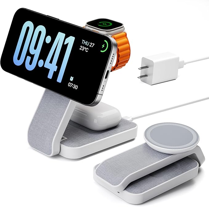 3 in 1 Foldable Wireless Travel Charging Station for MagSafe, Nightstand Magnetic Charger Stand for iPhone 17 16 15 14 Pro Max, Charging Dock with Night Light for Apple Watch/AirPods (White)